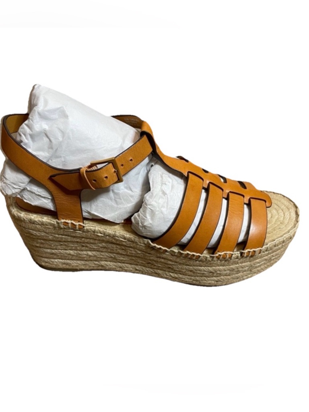 Tory Burch Cognac Leather Fisherman Vachetta Espadrille Wedge Summer Sandal 9.5